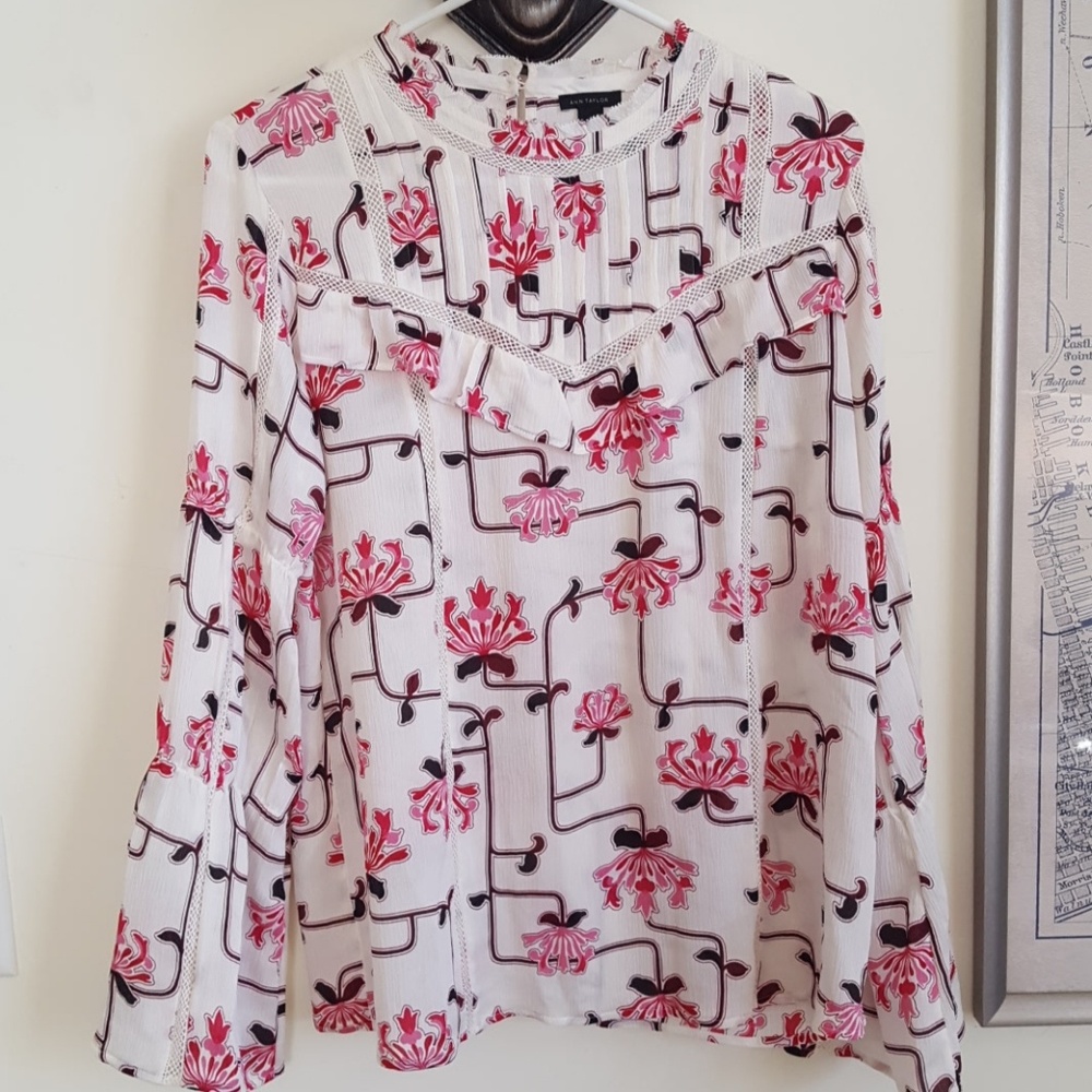 Ann Taylor Pleated Print Blouse, Sz. S
